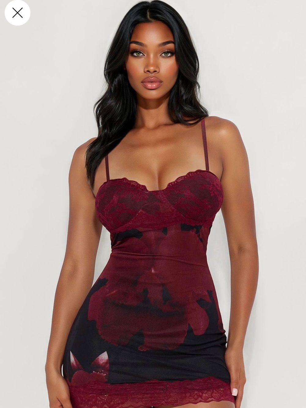 Fashion Nova Burgundy & Black Floral Lace Mini Dress